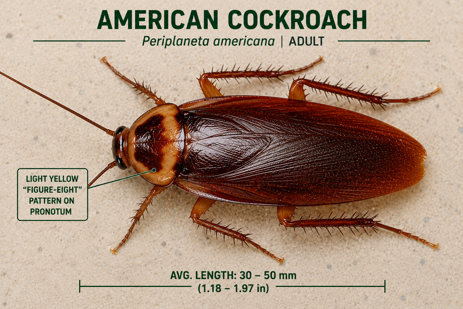 American cockroach adult showing yellowish figure-eight pattern on pronotum