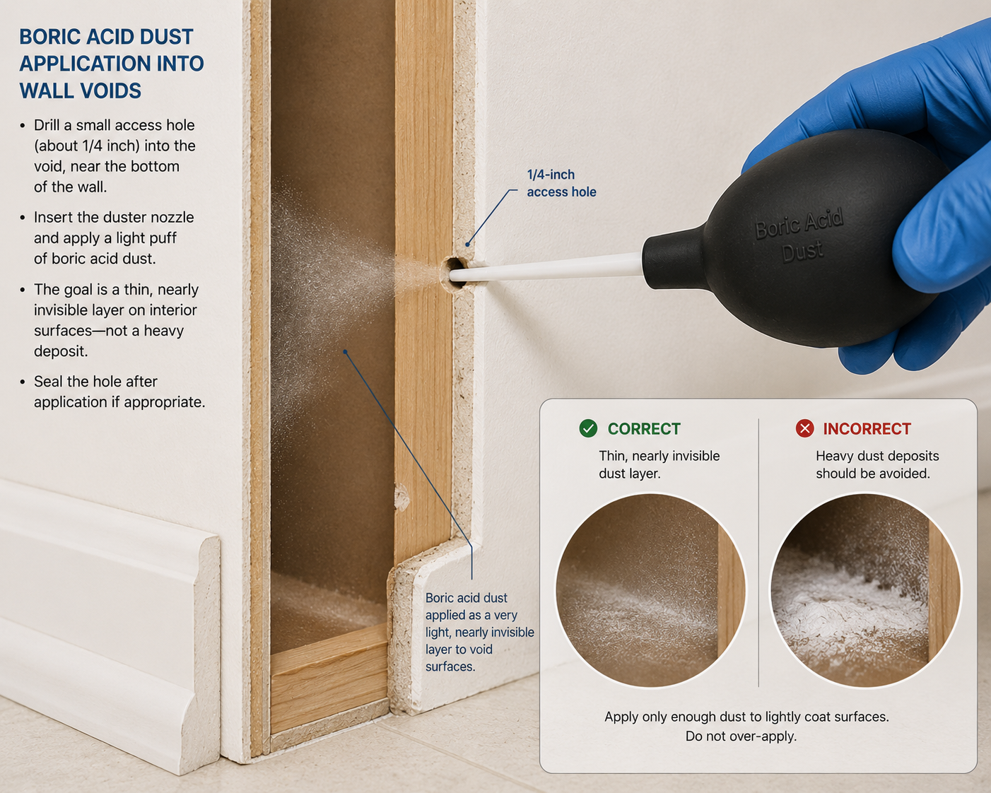 Boric acid dust application into wall void using a bulb duster through a 1/4-inch access hole, with correct vs incorrect application thickness comparison