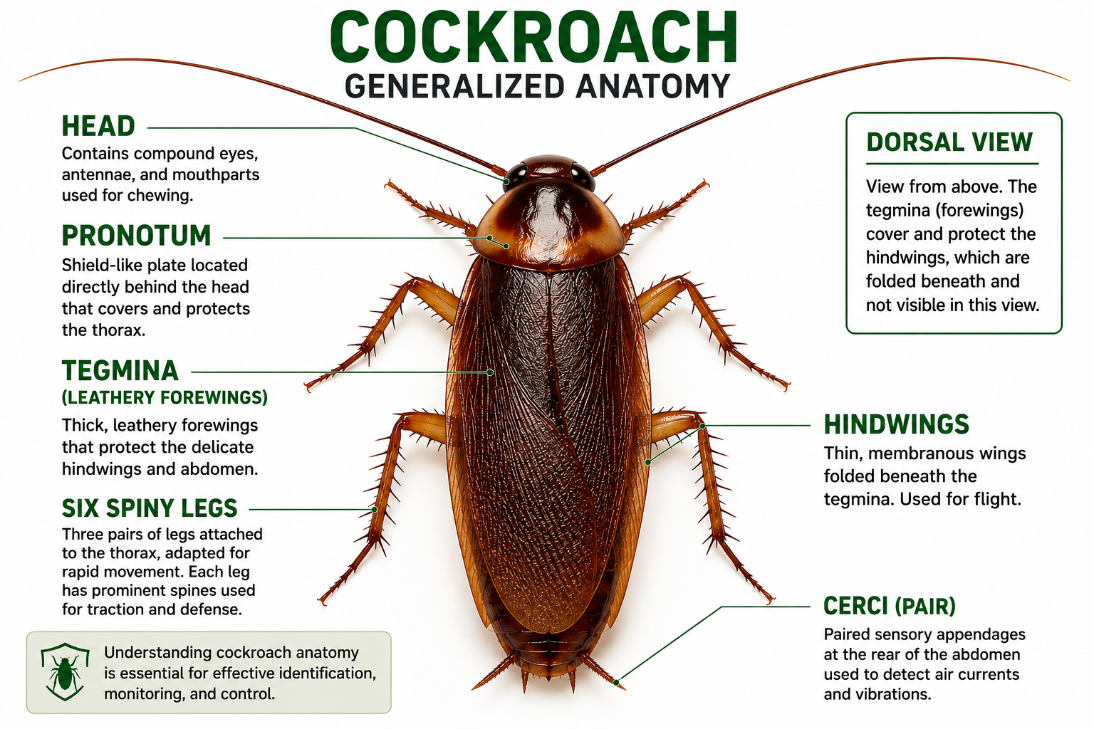 Cockroach generalized anatomy diagram showing head, pronotum, tegmina, hindwings, six legs, and cerci