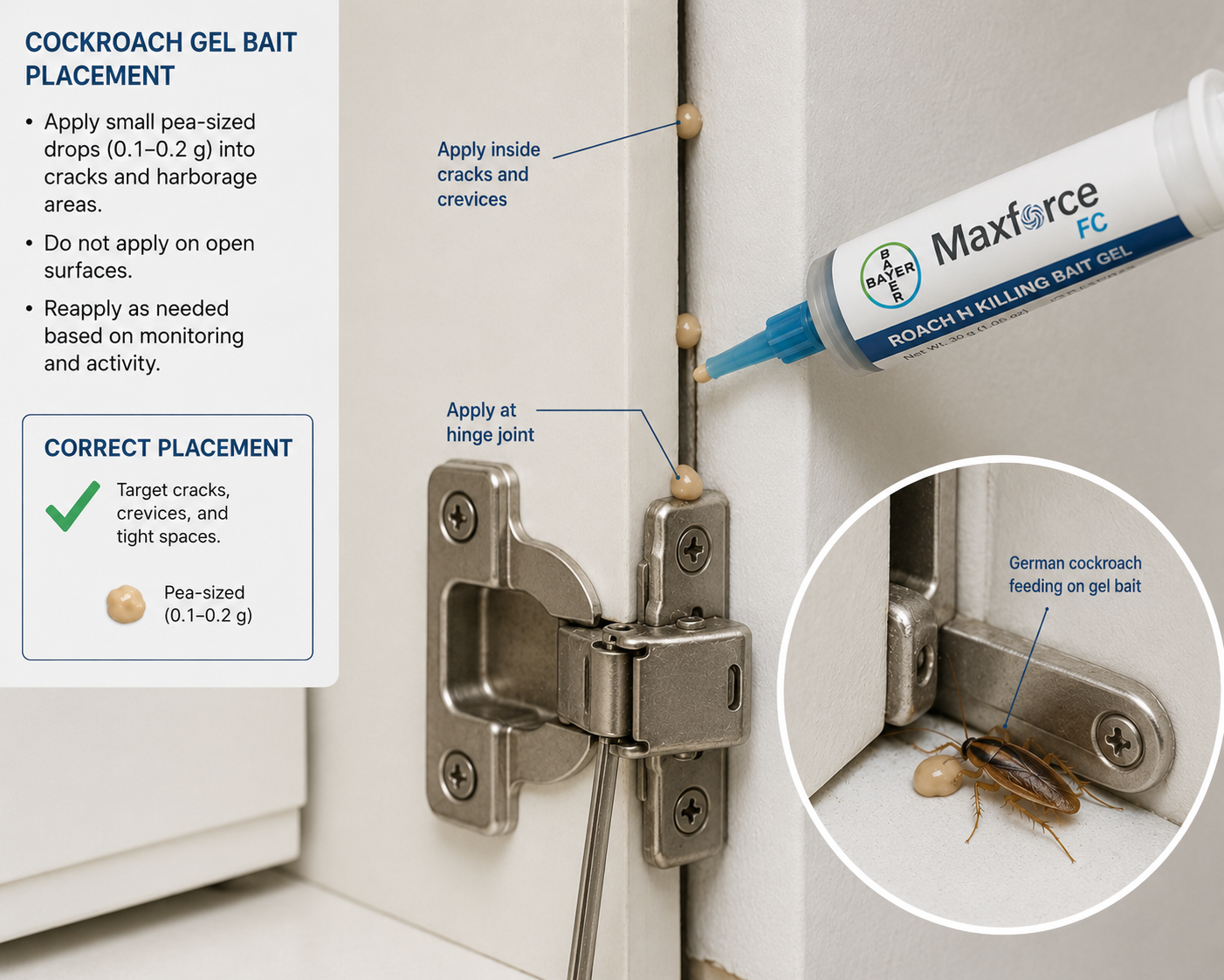 Cockroach gel bait placement: pea-sized drops of Maxforce FC applied at cabinet hinge joint and inside cracks, with German cockroach feeding on bait
