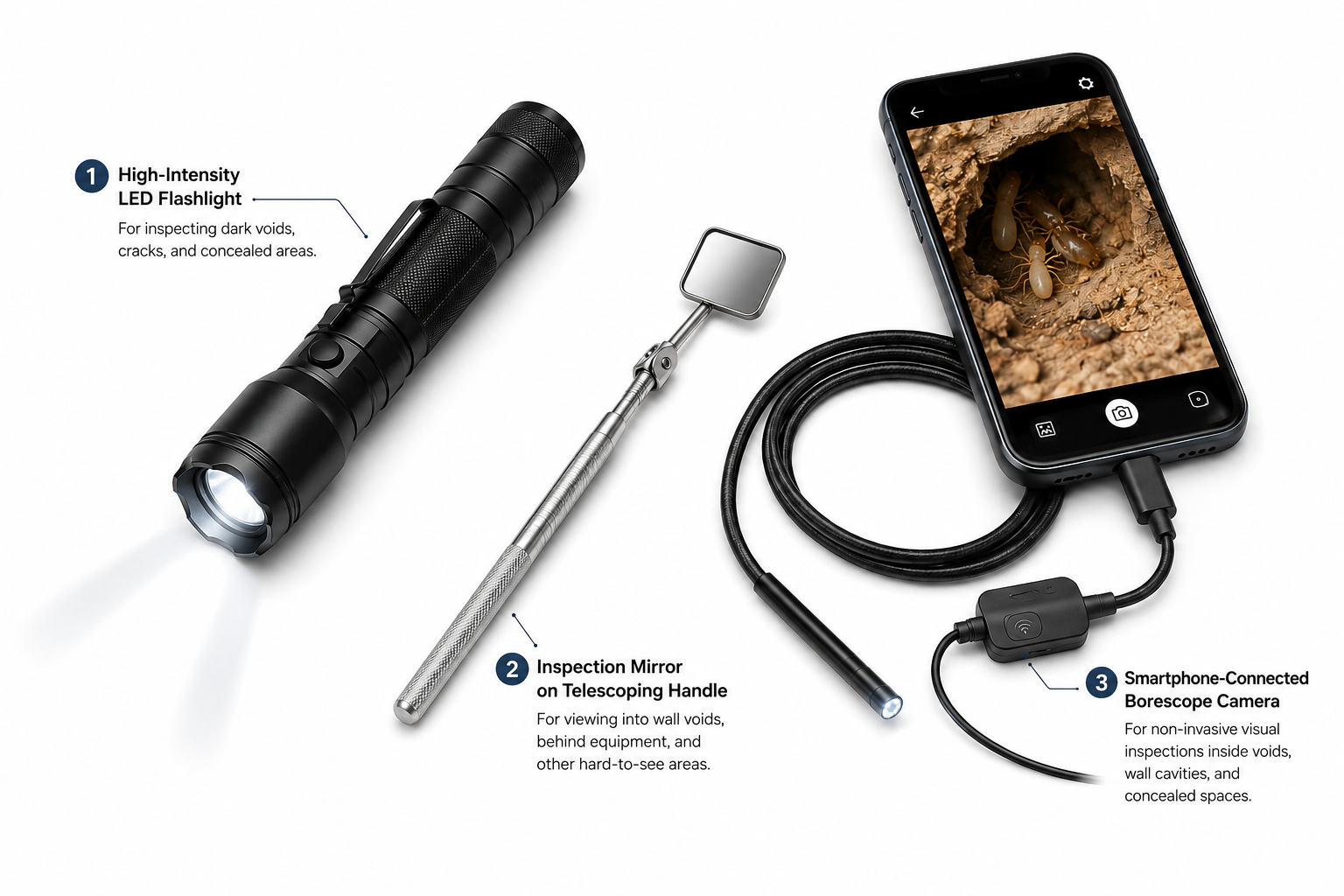 Cockroach inspection tools: high-intensity LED flashlight, inspection mirror on telescoping handle, and smartphone-connected borescope camera