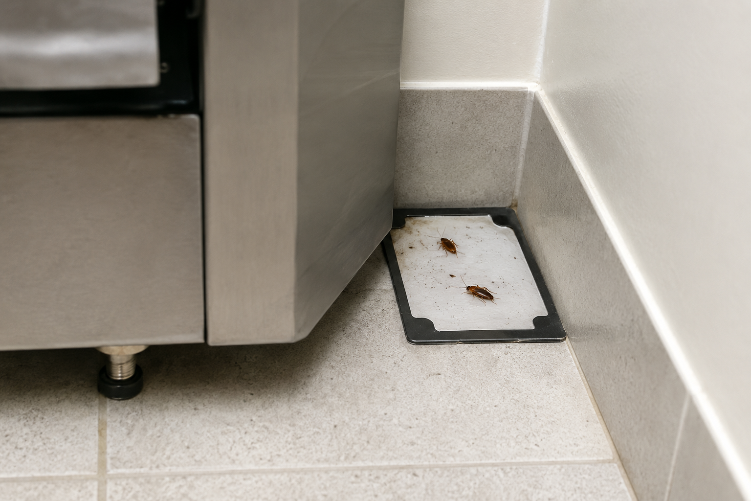 Cockroach monitoring sticky trap correctly positioned in the 90-degree corner behind a commercial refrigerator base