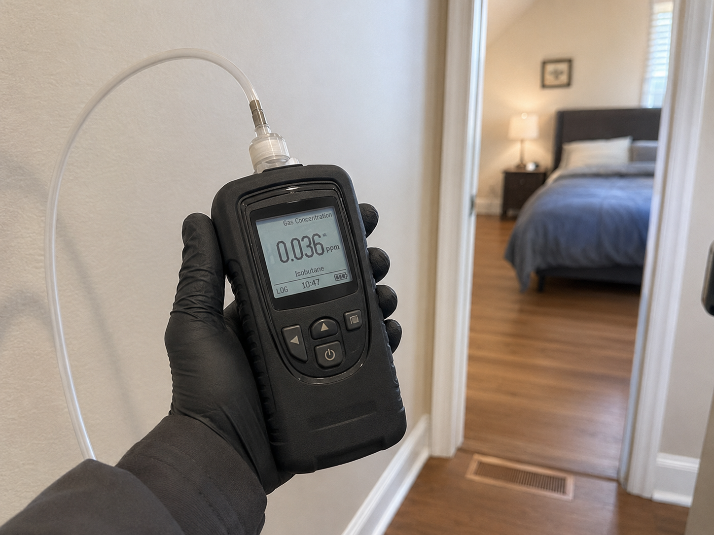 Handheld electronic gas concentration monitor held by a gloved hand near an interior wall during fumigation clearance testing; digital display reading, sampling tube extended