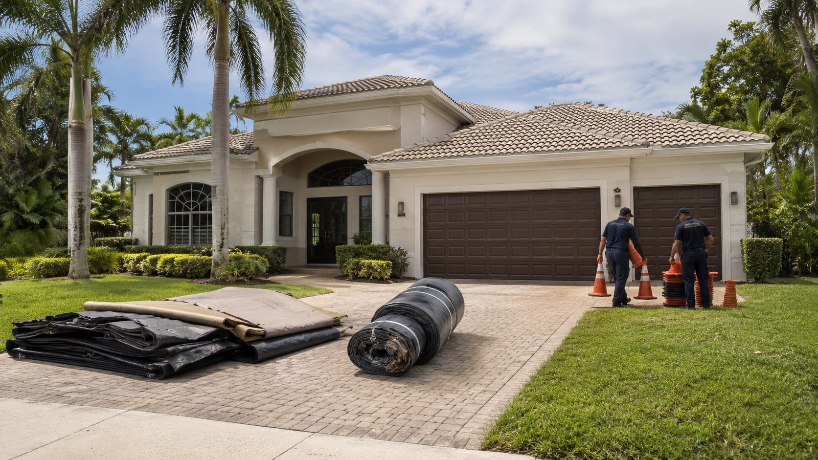 Florida home immediately after fumigation tarp removal — house visible again, folded tarps stacked in the driveway, warning cones being collected