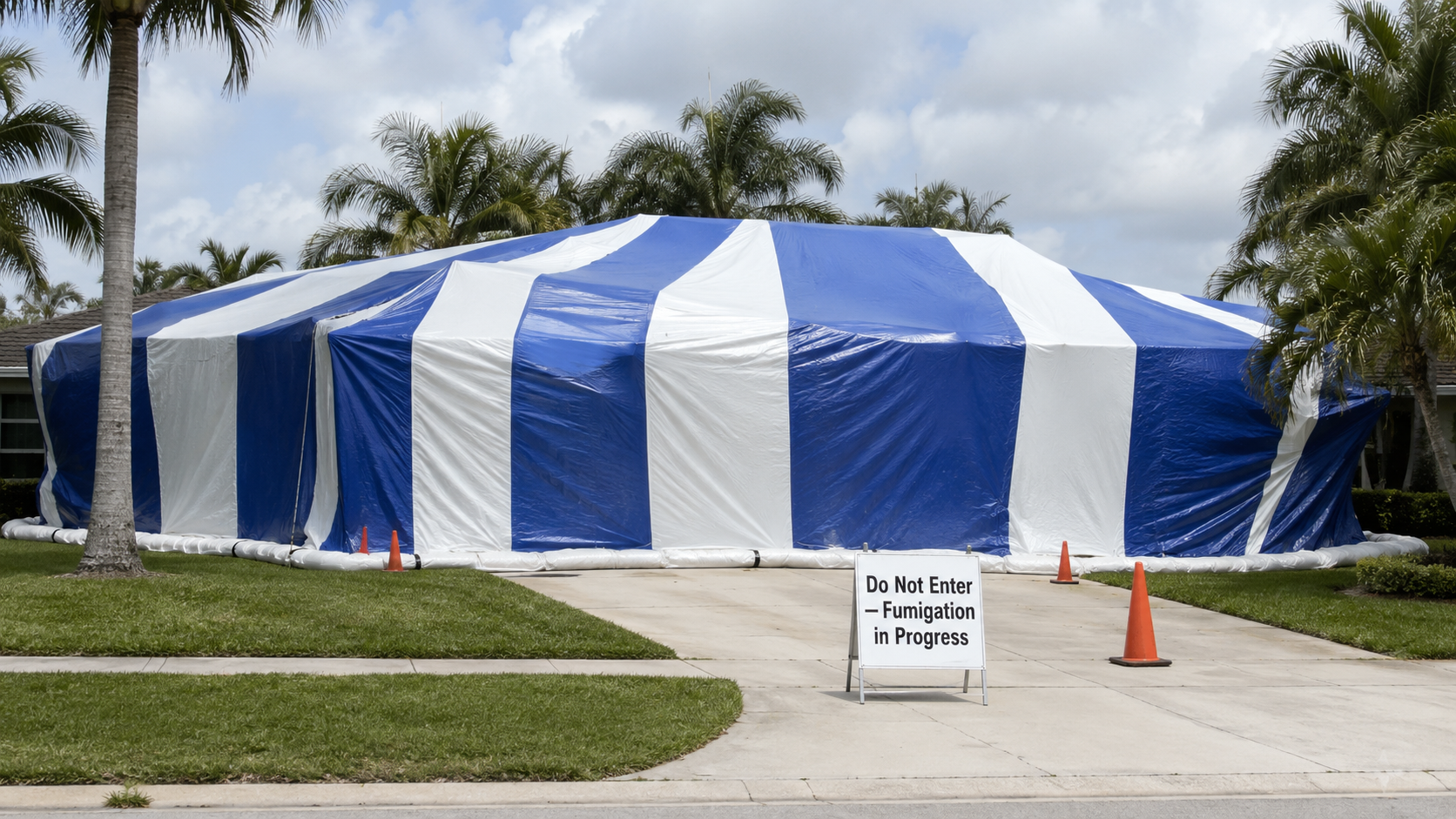 Single-family Florida home fully covered by a large fumigation tarpaulin, sealed at grade with heavy ground-snake sandbag tubes; warning cones and signage in the driveway