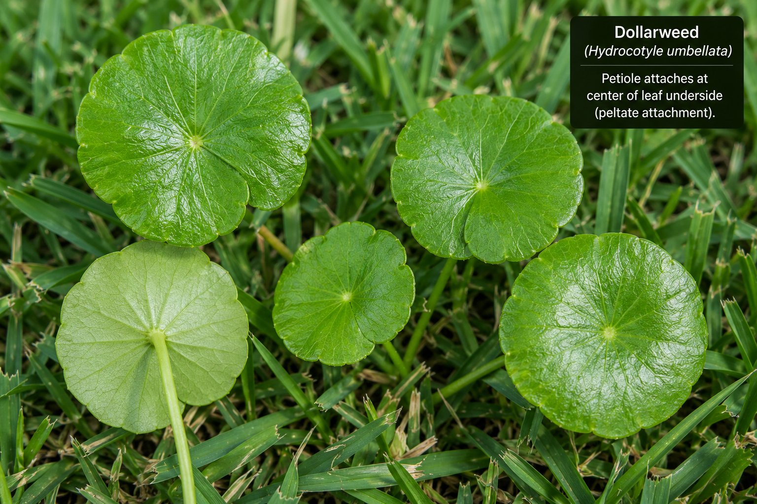 Dollarweed (Hydrocotyle) close-up showing round glossy bright green leaves with the petiole attached at the center of the underside