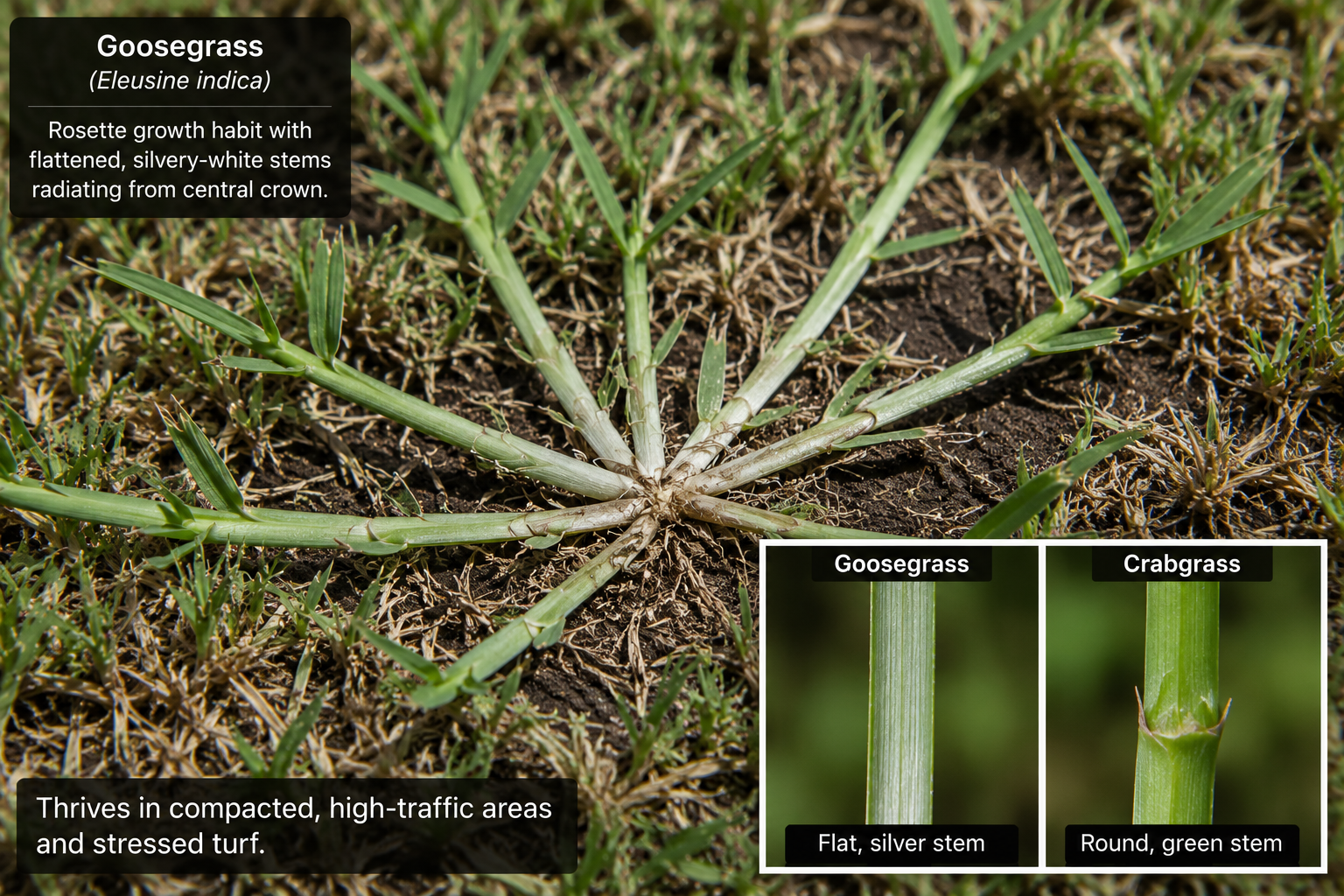 Goosegrass (Eleusine indica) showing flattened silvery-white stems radiating from a central crown in a rosette pattern