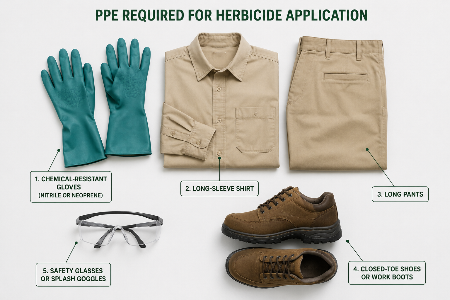 Required PPE for routine herbicide application: chemical-resistant gloves, long sleeves, long pants, closed shoes, and eye protection