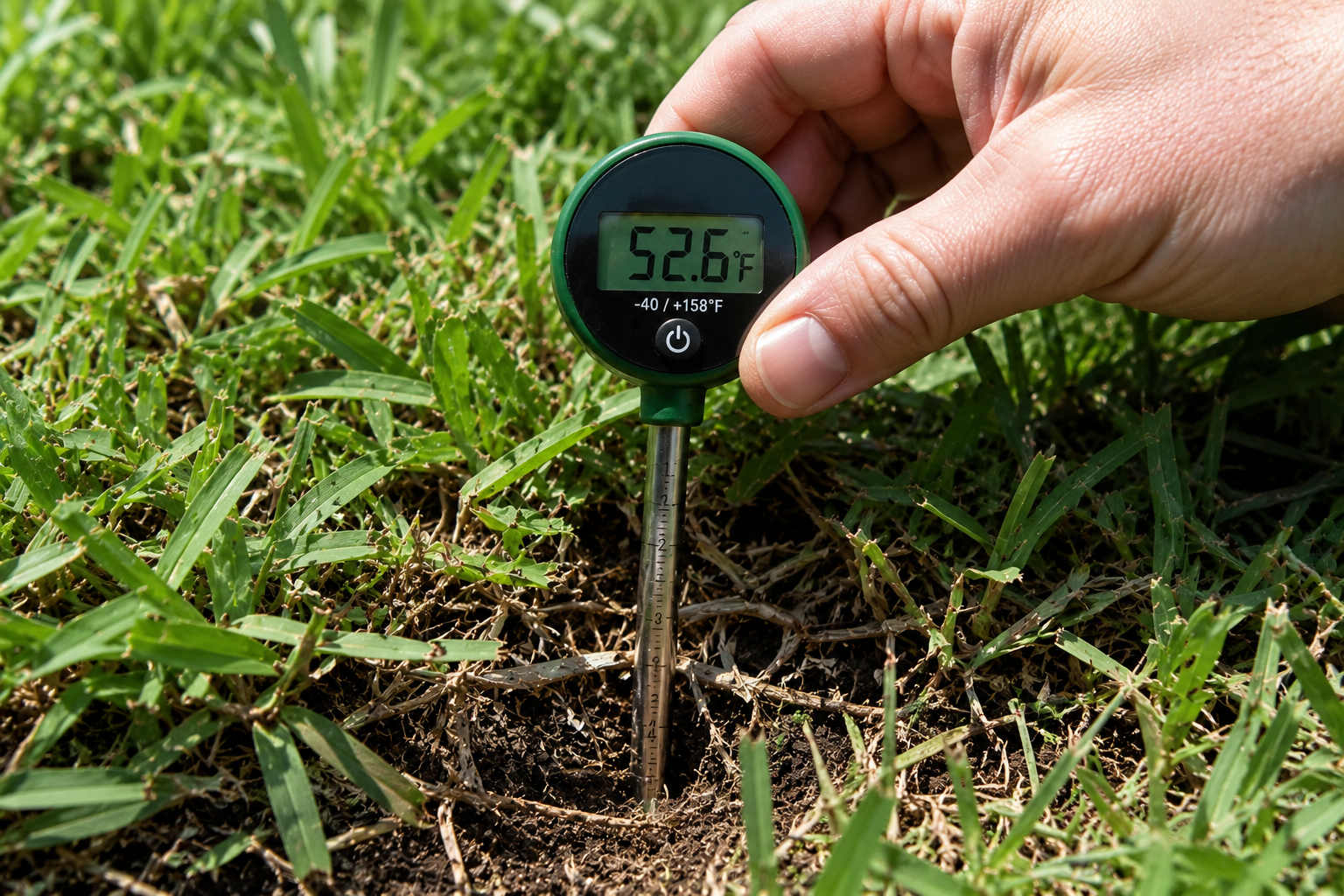 Soil thermometer inserted 4 inches into Florida turf reading 50–55°F, the threshold for pre-emergent herbicide application before crabgrass germination