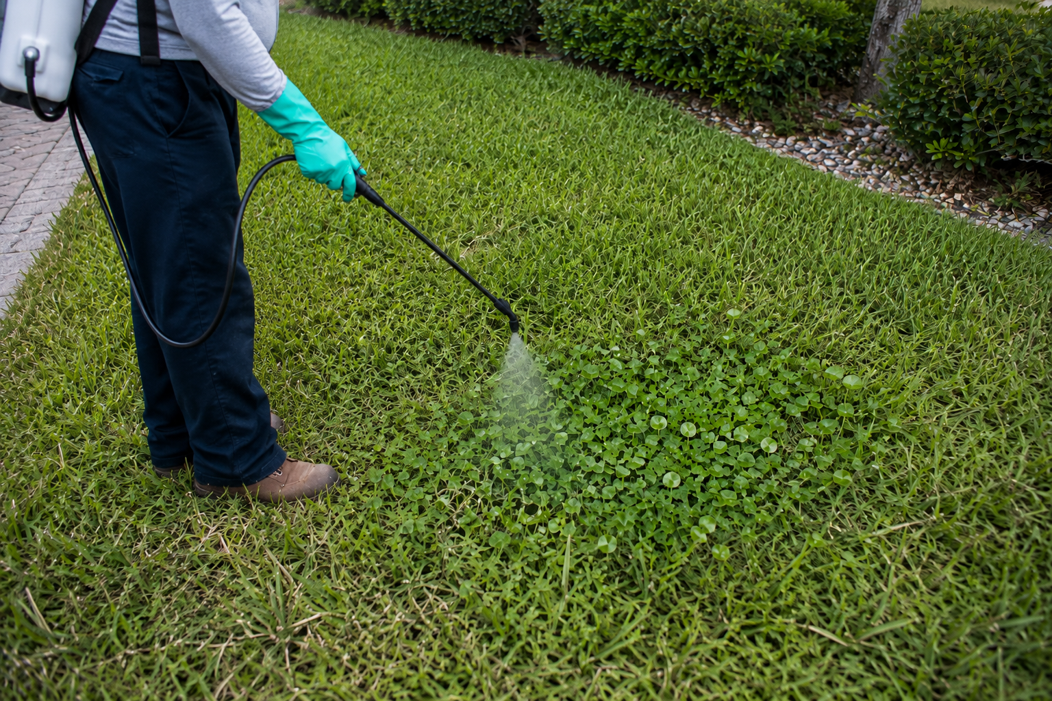 Lawn care technician using a backpack sprayer with low-pressure adjustable wand to spot-treat a small dollarweed patch in St. Augustinegrass