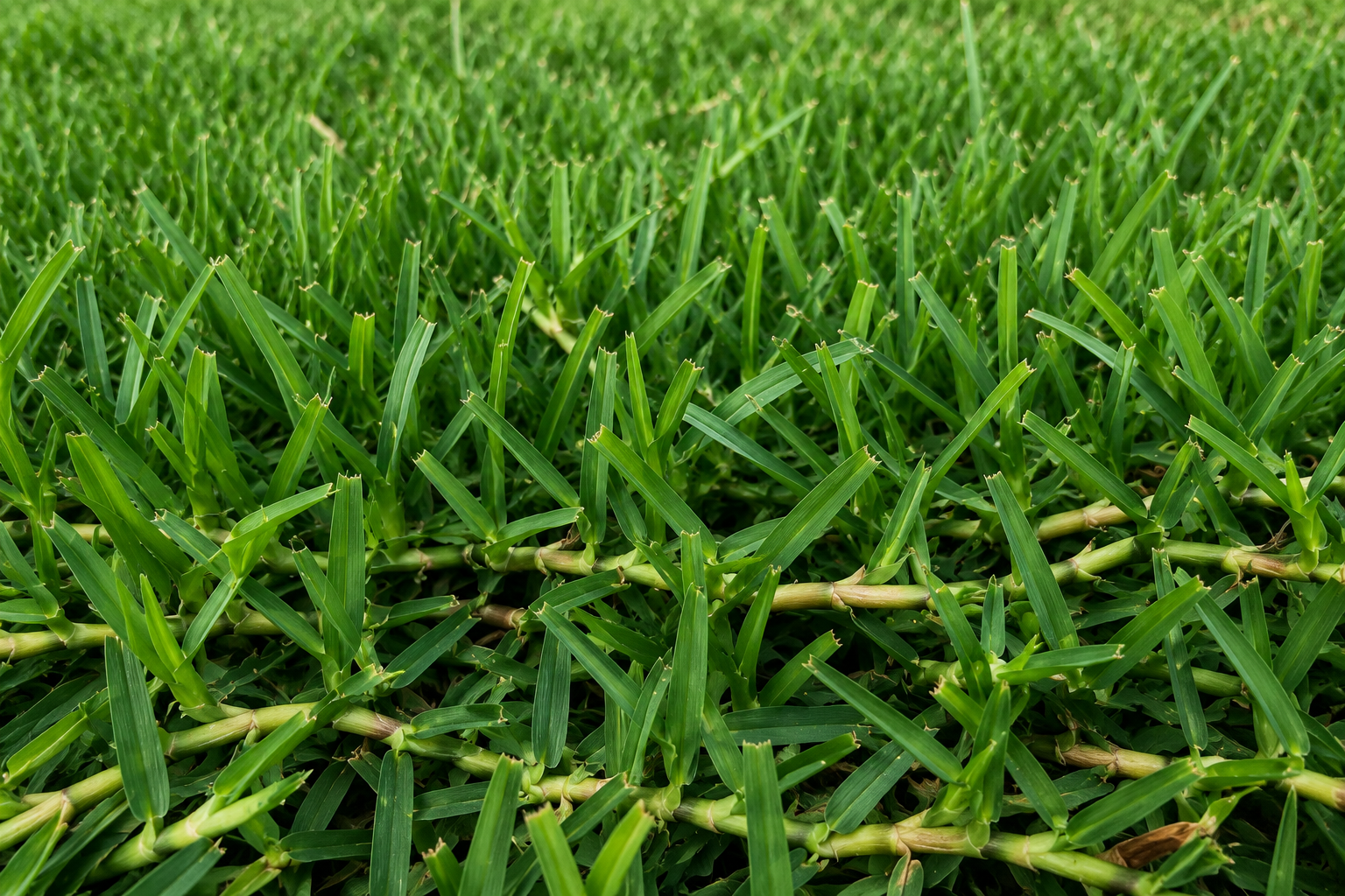 Healthy St. Augustinegrass at proper mowing height with a dense canopy, complete ground cover, and vigorous stolon network