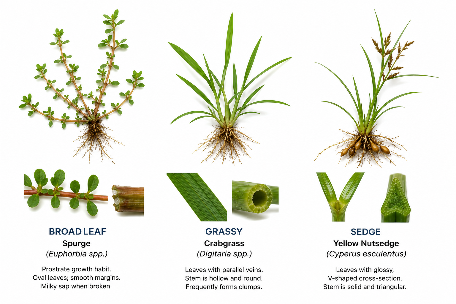 Three weed category framework: broadleaf weed (dollarweed), grassy weed (crabgrass), and sedge (yellow nutsedge) side by side