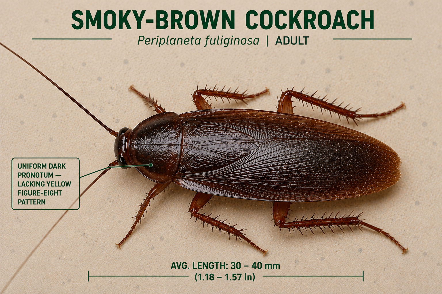 Smoky-Brown cockroach adult showing uniformly dark mahogany pronotum with no pattern