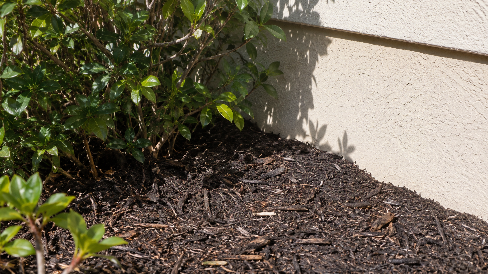 Base of a Florida stucco home showing excessive mulch piled deep against the exterior wall with shrubs in direct contact with the siding — classic harborage-inducing landscaping