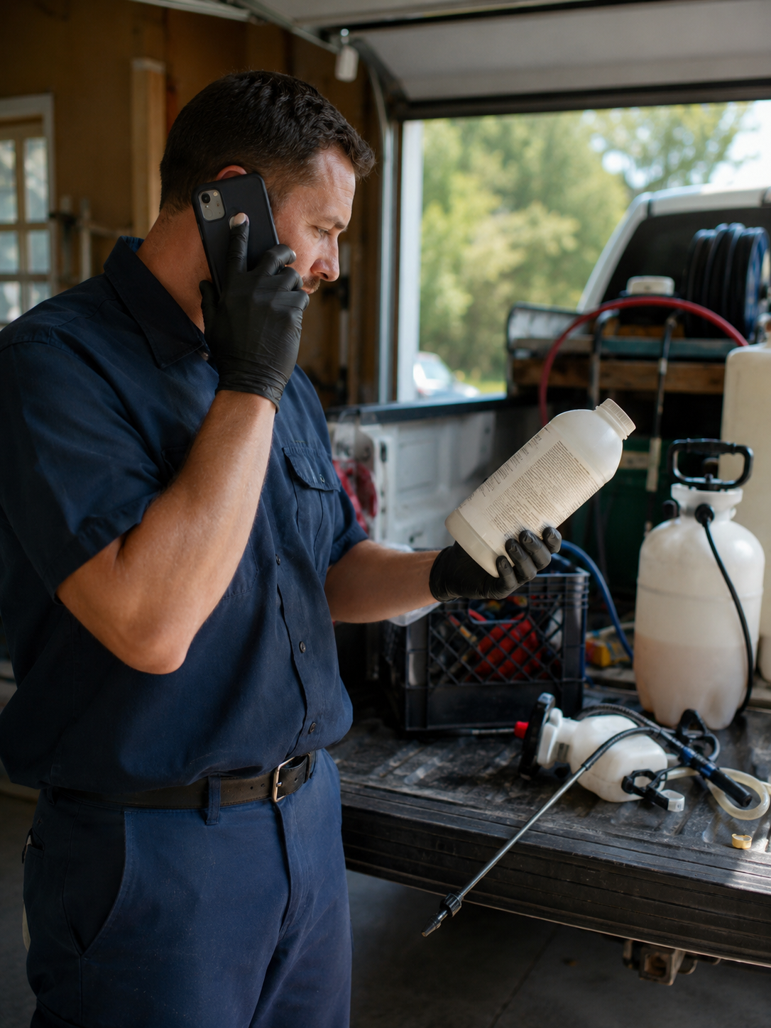 Pest control technician holding a pesticide product bottle and reading the label carefully while holding a mobile phone to their ear — the correct response after a possible exposure event
