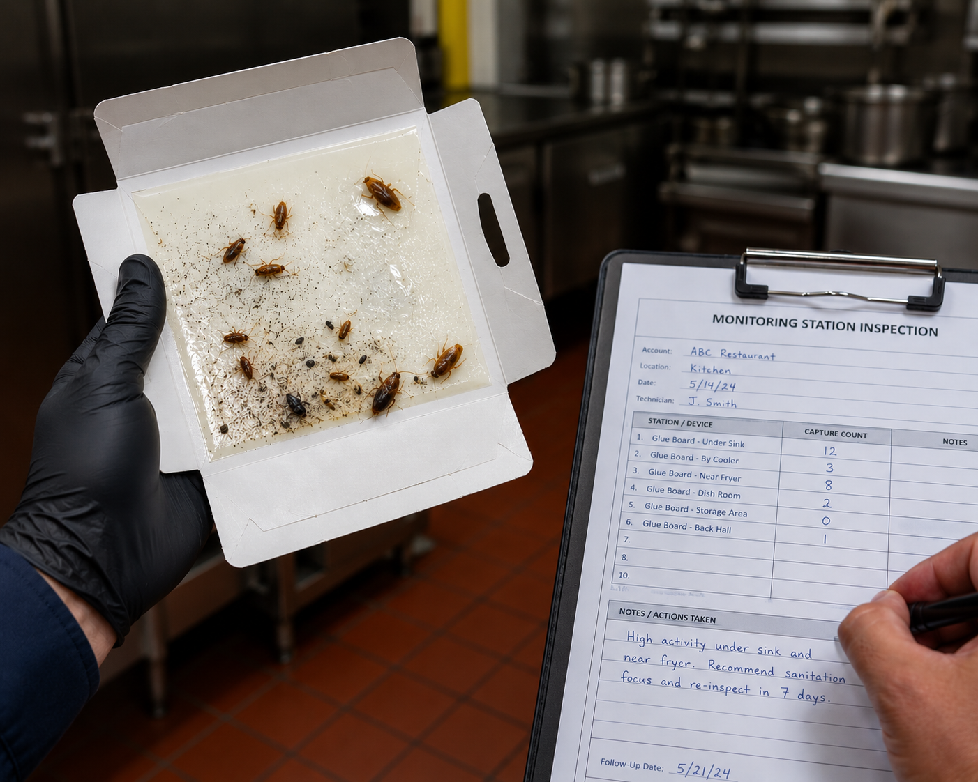 Technician counting German cockroach captures on a retrieved sticky trap and recording the count on a service log