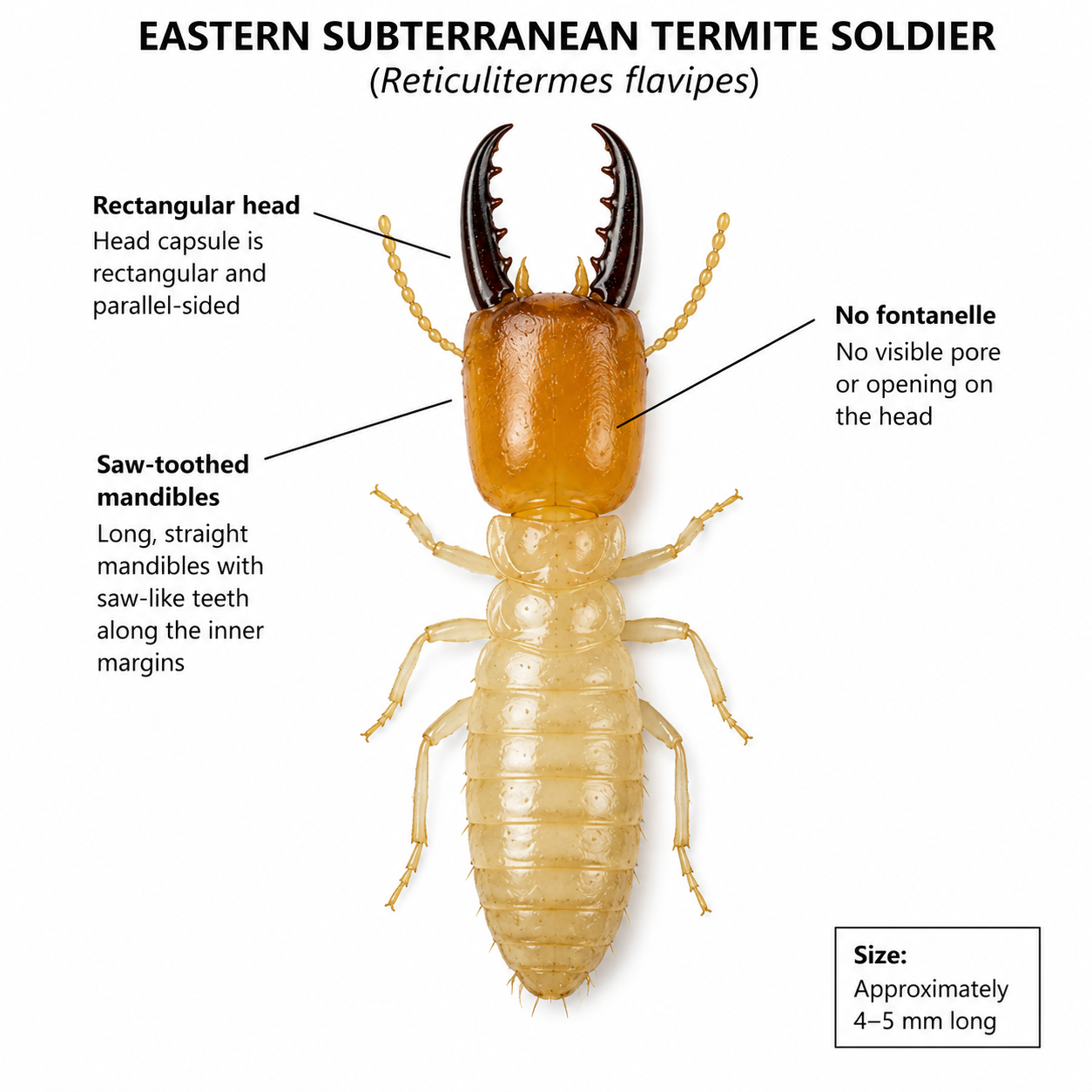 Eastern Subterranean Termite (Reticulitermes flavipes) soldier showing rectangular head and saw-toothed mandibles