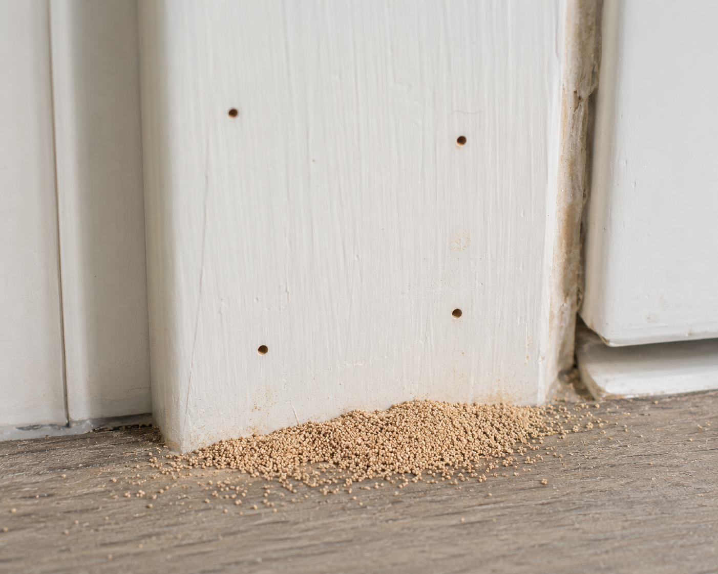 Drywood termite kickout holes in a door frame with a small pile of frass pellets accumulated below