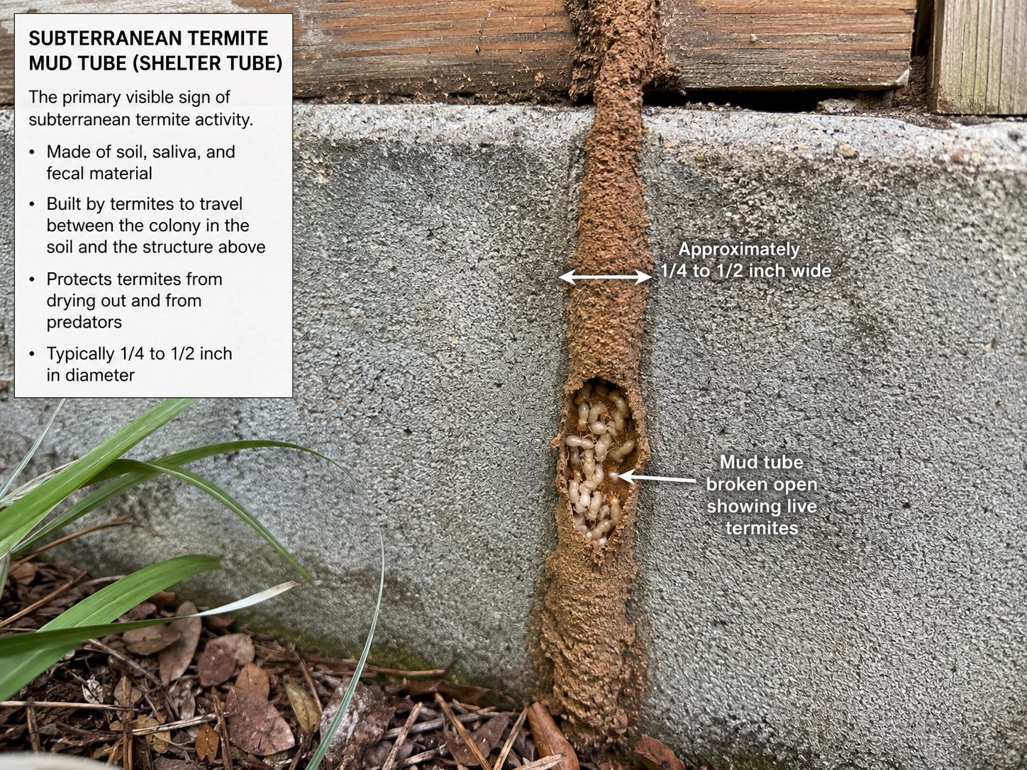 Active subterranean termite mud tube running vertically up a concrete foundation wall toward wood framing above