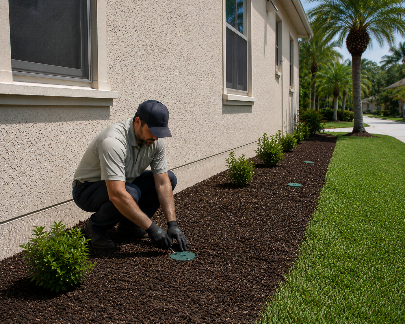 Technician installing a Sentricon in-ground termite bait monitoring station around the perimeter of a Florida residential structure