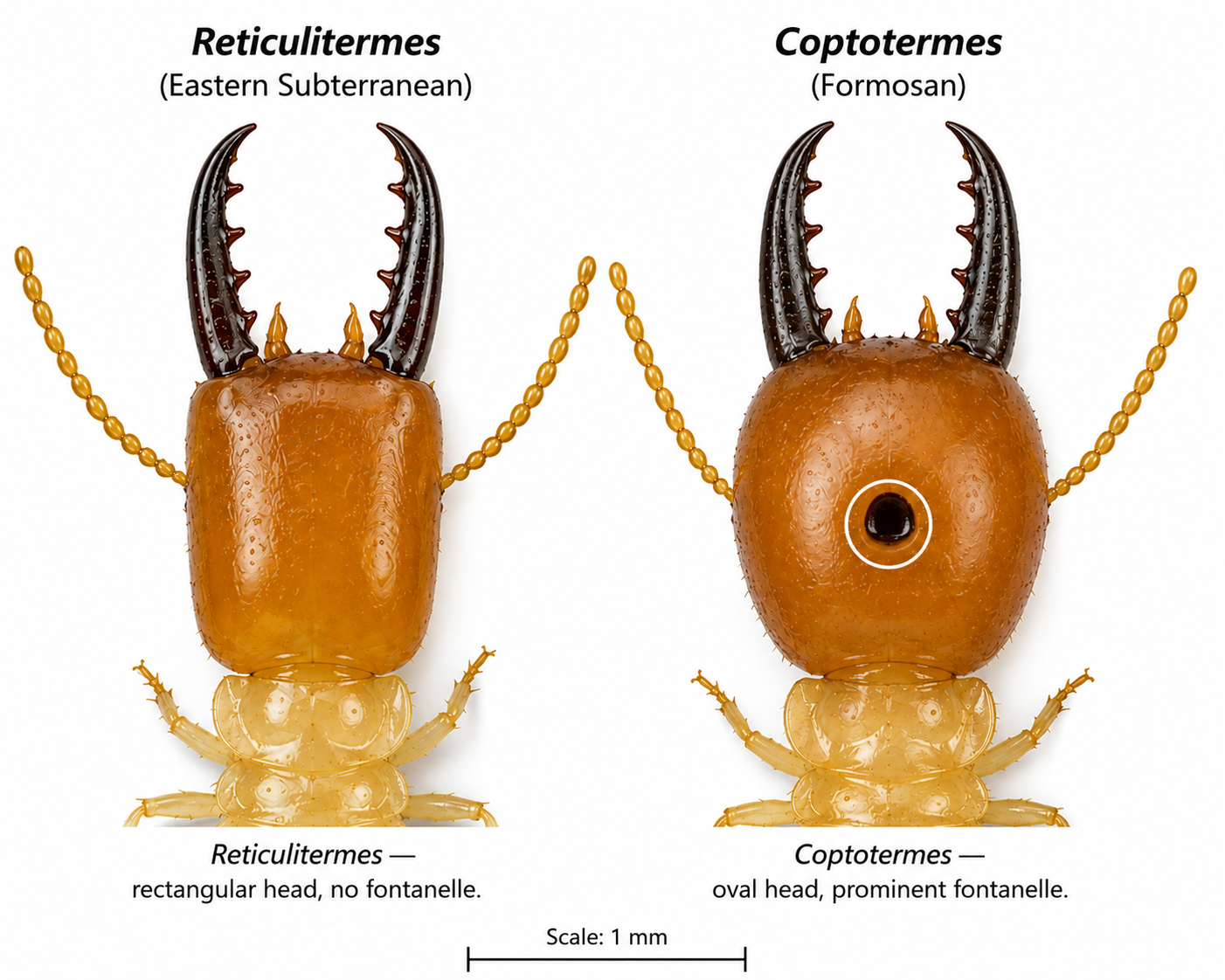Side-by-side comparison of Reticulitermes (rectangular head, no fontanelle) and Coptotermes (oval head with prominent fontanelle) soldier heads