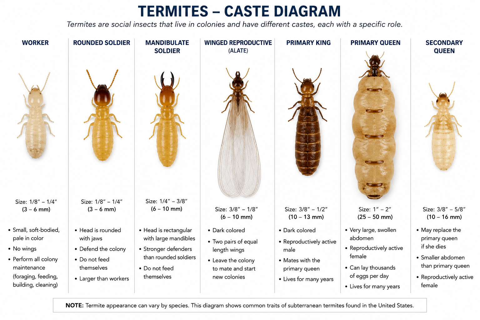 Termite caste diagram showing worker, soldier, and reproductive (alate) castes side by side with their distinctive body features